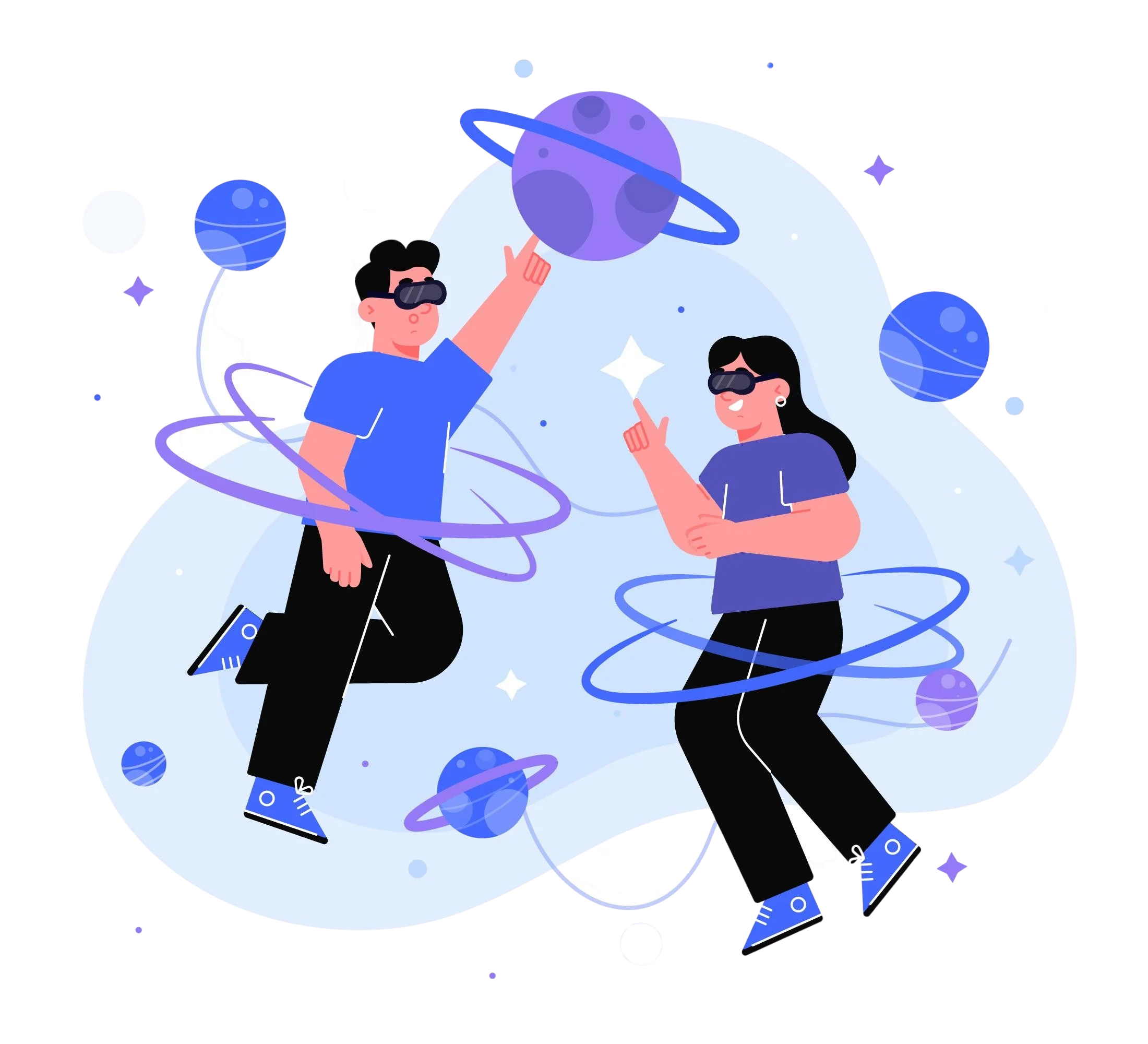 Ilustração de menina e menino flutuando no espaço